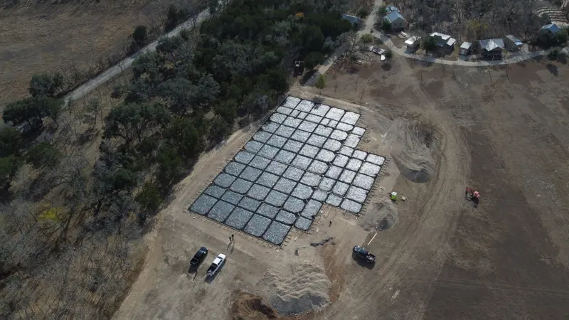 Aerial view of engineered pier layout and site work