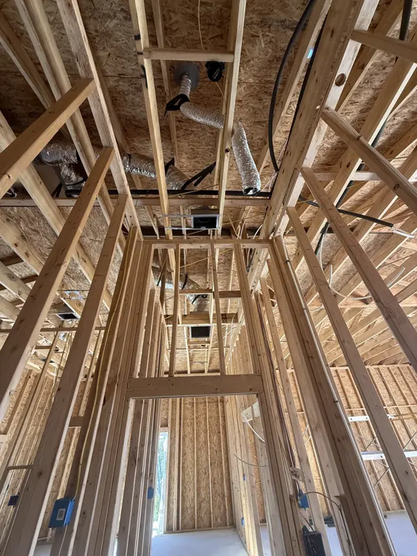 Framing with HVAC and electrical rough-in overhead