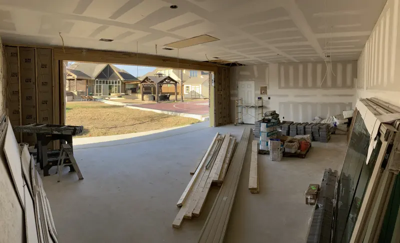 Garage interior during drywall and trim stage