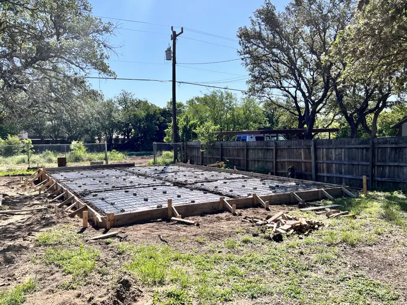 Formed and steel-reinforced backyard slab ready for pour